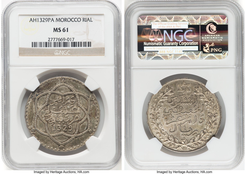 'Abd al-Hafiz Rial AH 1329-Pa (1911) MS61 NGC, Paris mint, KM-Y25. HID0980124201...