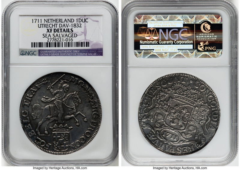 Utrecht. Provincial Ducaton 1711 XF Details (Sea Salvage) NGC, Utrecht mint, KM8...