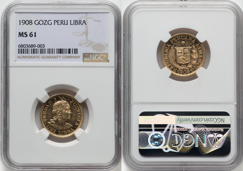 Republic gold Libra 1908-GOZG MS61 NGC, Lima mint, KM207, Fr-73. HID09801242017 ...