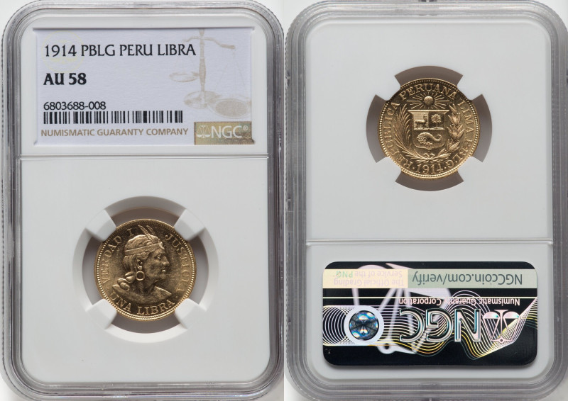 Republic gold Libra 1914-PBLG AU58 NGC, Lima mint, KM207, Fr-73. HID09801242017 ...