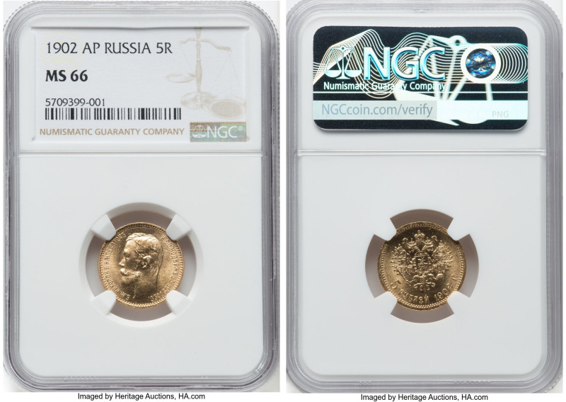 Nicholas II gold 5 Roubles 1902-AP MS66 NGC, St. Petersburg mint, KM-Y62, Fr-180...