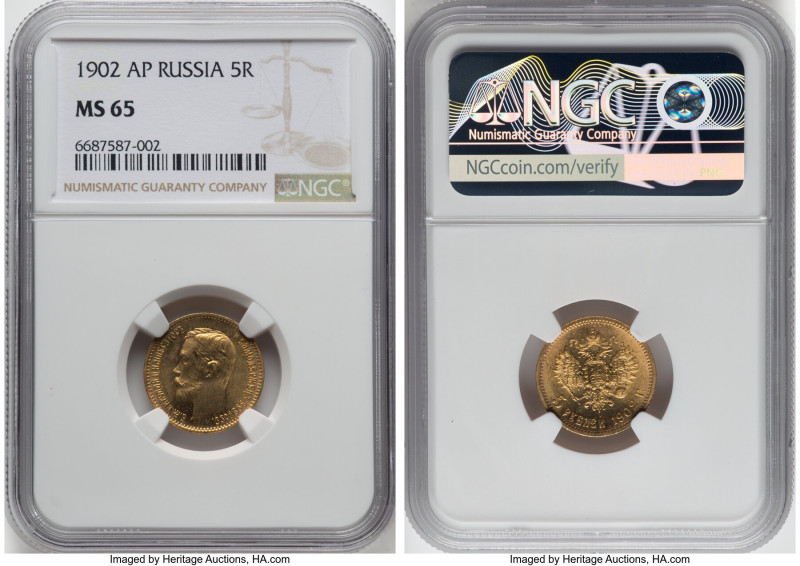 Nicholas II gold 5 Roubles 1902-AP MS65 NGC, St. Petersburg mint, KM-Y62, Fr-180...