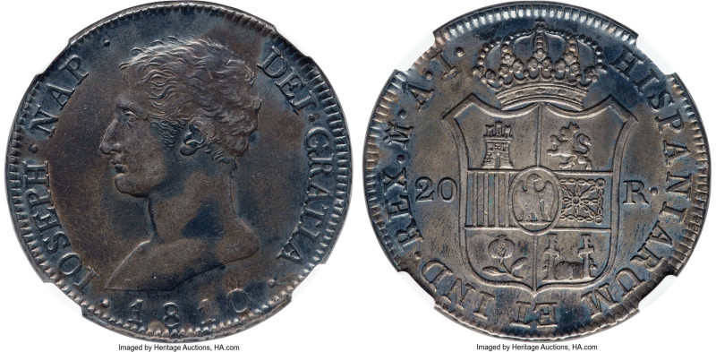 Joseph Napoleon "De Vellon" 20 Reales 1810 M-AI XF45 NGC, Madrid mint, KM551.2. ...