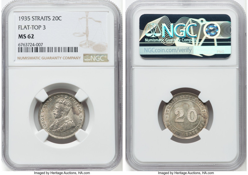 British Colony. George V 20 Cents 1935 MS62 NGC, London mint, KM30b. Flat-Top "3...