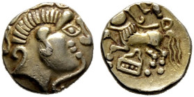 Gallia. Treveri. 

1/4 Blassgoldstater 2./1. Jh. v.Chr. Stilisierter Kopf mit Ziegenhorn und volutenförmigem Kinnbart nach rechts / Androkephales Pf...