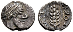 Sizilien. Morgantina. 

Litra 465-459 v. Chr. Bärtiger Männerkopf nach rechts mit Taenia / Sechszeilige Gerstenähre. SNG ANS 463, HGC 2,898. 0,72 g ...