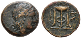 Akarnania. Phytia. 

AE-17 mm 300-200 v. Chr. Kopf des Apollon mit Lorbeerkranz und langen Haaren nach rechts / Dreifuß mit links herabhängender Bin...