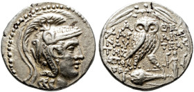 Attika. Athen. 

Tetradrachme des neuen Stils 112-111 v. Chr. Athenakopf im attischen Helm nach rechts / Eule auf liegender Amphora von vorn, links ...