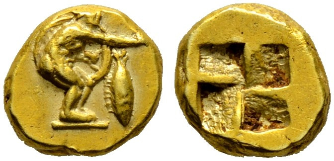 Mysia. Kyzikos. 

EL-1/6 Stater ca. 500-450 v. Chr. Nackter Waffenläufer mit a...