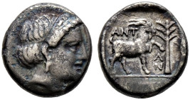 Troas. Antandros. 

AR-Hemidrachme ca. 400 v. Chr. Kopf der Artemis Astyrene mit überkreuztem Haarband und Ohrgehänge nach rechts / Ziegenbock mit e...