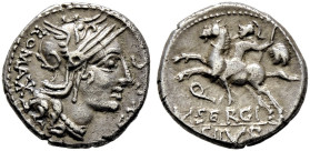 Römische Republik. M. Sergius Silus 116 oder 115 v. Chr. 

Denar -Rom-. Romakopf mit Flügelhelm nach rechts, dahinter ROMA und Wertzeichen X, davor ...