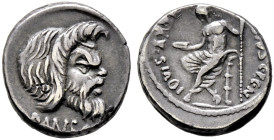 Römische Republik. C. Vibius C.f.C.n. Pansa Caetronianus 48 v. Chr. 

Denar -Rom-. Bärtige Panmaske nach rechts, unten PANSA / Jupiter Anxurus mit S...