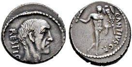 Römische Republik. C. Antius C.f. Restio 47 v. Chr. 

Denar -Rom-. Männlicher Kopf nach rechts, dahinter RESTIO / Nackter Herkules mit Keule und Tro...