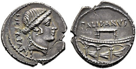 Römische Republik. Lollius Palikanus 45 v. Chr. 

Denar -Rom-. Libertaskopf mit Perldiadem nach rechts, dahinter LIBERTATIS / Tribüne mit einer Reih...