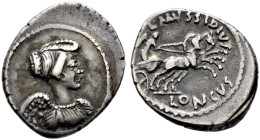 Römische Republik. C. Mussidius Longus 42 v. Chr. 

Denar -Rom-. Victoriabüste mit perlverziertem Haarknoten nach rechts / Victoria in Biga nach rec...