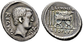 Römische Republik. L. Livineius Regulus 42 v. Chr. 

Denar -Rom-. Männlicher Kopf nach rechts, dahinter REGVLVS, davor PR / Sella curulis, auf jeder...