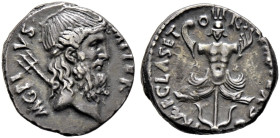 Imperatorische Prägungen. Sextus Pompeius †35 v. Chr., Sohn des Pompeius Magnus. 

Denar 42-36 v. Chr. -Heeresmünzstätte der Pompeianer auf Sizilien...