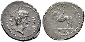 Imperatorische Prägungen. Octavianus 44-28 v. Chr. 

Denar 43 v. Chr. -Rom (?)-. Kopf des Octavianus mit Trauerbart nach rechts, darum C CAESAR IMP ...