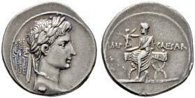 Imperatorische Prägungen. Octavianus 44-28 v. Chr. 

Denar ca. 29-27 v. Chr. -Brundisium oder Rom-. Belorbeerte Hermenbüste des Octavianus als Jupit...