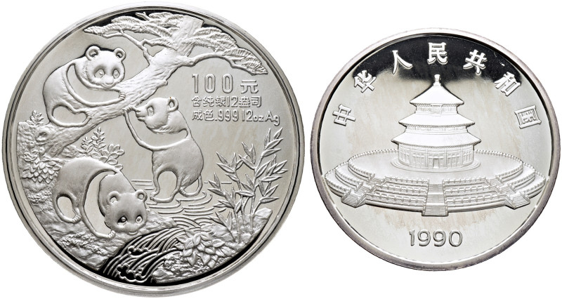 China-Volksrepublik. 

100 Yuan (12 Unzen Silber) 1990. Drei Pandas an einem G...