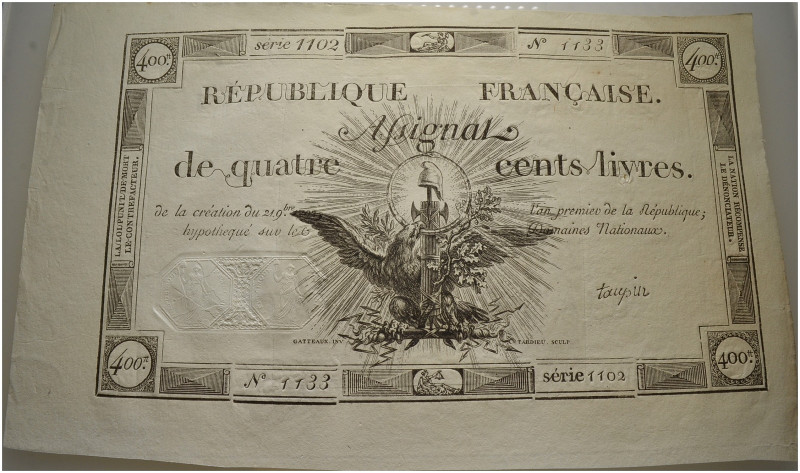 Frankreich-Königreich. Erste Republik 1792-1799. 

Assignat zu 400 Livres vom ...