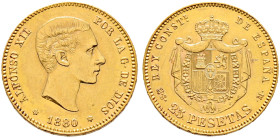 Spanien. Alfonso XII. 1874-1885. 

25 Pesetas 1880 (18-80) -Madrid-. CCT 11, Fr. 342, Schl. 281. 8,10 g sehr schön-vorzüglich