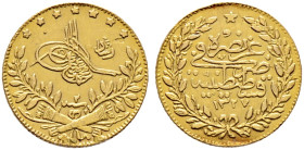 Türkei. Mahmud V. AH 1327-1336 / AD 1909-1918. 

50 Piaster AH 1328 (1910). Jahr 2 Reschad. KM 753, Fr. 155, Schl. 674. 3,59 g kleine Henkelspur obe...