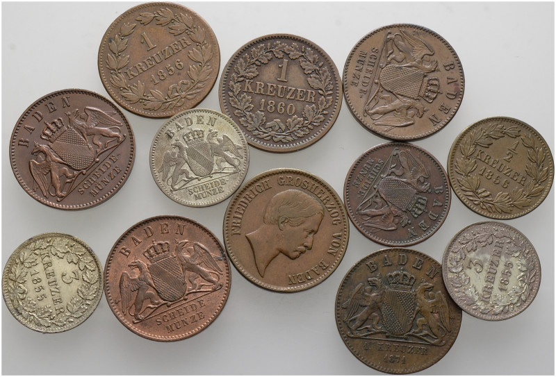 Baden-Durlach. Friedrich I. 1852-1907. 

Lot (12 Stücke): 3 Kreuzer 1855 (2x) ...