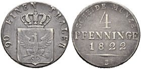 Brandenburg-Preußen. Friedrich Wilhelm III. 1797-1840. 

Silberabschlag von den Stempeln des Cu-4 Pfennige 1822 B. Olding 192 Anm., AKS 32 Anm., J. ...