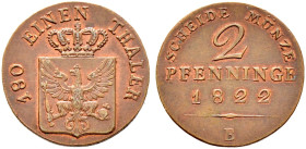 Brandenburg-Preußen. Friedrich Wilhelm III. 1797-1840. 

Cu-2 Pfennige 1822 B. Olding 194, AKS 34, J. 43, BST 972b. selten, vorzüglich
