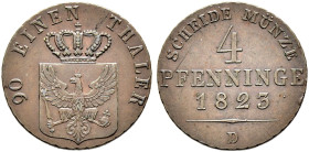 Brandenburg-Preußen. Friedrich Wilhelm III. 1797-1840. 

Cu-4 Pfennige 1823 D. Olding 202, AKS 32, J. 45, BST 974c. kleine Schrötlingsfehler, sehr s...