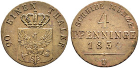 Brandenburg-Preußen. Friedrich Wilhelm III. 1797-1840. 

Cu-4 Pfennige 1834 D. Olding 202, AKS 32, J. 45, BST 974c. selten in dieser Erhaltung, vorz...