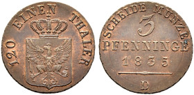 Brandenburg-Preußen. Friedrich Wilhelm III. 1797-1840. 

Cu-3 Pfennige 1835 D. Olding 203, AKS 33, J. 44, BST 973c. selten in dieser Erhaltung, vorz...
