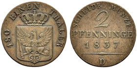 Brandenburg-Preußen. Friedrich Wilhelm III. 1797-1840. 

Cu-2 Pfennige 1837 D. Olding 204, AKS 34, J. 43, BST 973c. sehr schön-vorzüglich