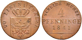 Brandenburg-Preußen. Friedrich Wilhelm IV. 1840-1861. 

Cu-4 Pfennige 1841 A. Olding 326, AKS 89, J. 45. BST 974a sehr selten in dieser Erhaltung, f...