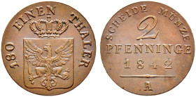 Brandenburg-Preußen. Friedrich Wilhelm IV. 1840-1861. 

Cu-2 Pfennige 1842 A. Olding 328, AKS 91, J. 43. BST 372a vorzüglich-Stempelglanz