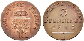 Brandenburg-Preußen. Friedrich Wilhelm IV. 1840-1861. 

Cu-3 Pfennige 1843 A. Olding 331, AKS 89, J. 48. BST 973a vorzüglich/vorzüglich-Stempelglanz...