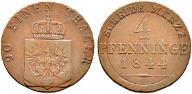 Brandenburg-Preußen. Friedrich Wilhelm IV. 1840-1861. 

Cu-4 Pfennige 1844 D. Olding 342, AKS 89, J. 49. BST 974c sehr selten, sehr schön-vorzüglich...