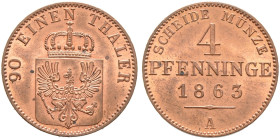 Brandenburg-Preußen. Wilhelm I. 1861-1888. 

Cu-4 Pfennige 1863 A. Olding 423, AKS 105, J. 53. BST 978a selten in dieser Erhaltung, Stempelglanz