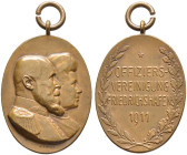 Württemberg. Wilhelm II. 1891-1918. 

Tragbare, hochovale Bronzemedaille 1911 von Mayer und Wilhelm, auf die Offizierszusammenkunft der Bodenseegarn...