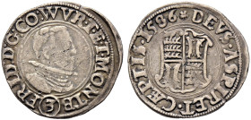 Württemberg-Mömpelgard. Friedrich 1581-1608. 

Groschen zu 3 Kreuzer 1586 -Mömpelgard-. Interpunktionsvariante auf dem Avers mit WVR.T.E.T.(!). Klei...