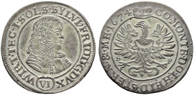 Württemberg-Öls. Sylvius Friedrich 1664-1697. 

6 Kreuzer 1674 -Öls-. Raff 33ff var., Fr.u.S. 2295, Kopicki 6215. -Walzenprägung- vorzüglich-prägefr...