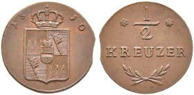 Würzburg-Großherzogtum. Ferdinand von Österreich 1806-1814. 

Cu-1/2 Kreuzer 1810. AKS 6, J. 138. der seltenste Jahrgang, kleines Zainende, vorzügli...