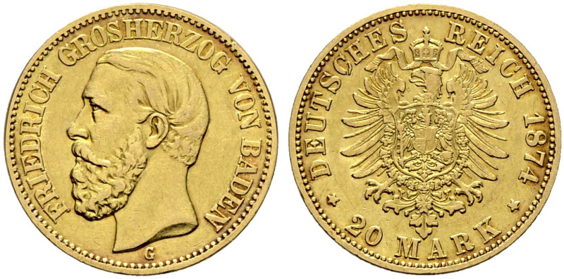 Reichsgoldmünzen. BADEN. Friedrich I. 1852-1907. 

20 Mark 1874 G. J. 187. min...