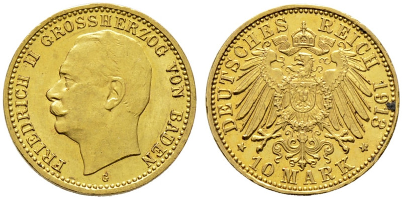 Reichsgoldmünzen. BADEN. Friedrich II. 1907-1918. 

10 Mark 1913 G. J. 191. se...