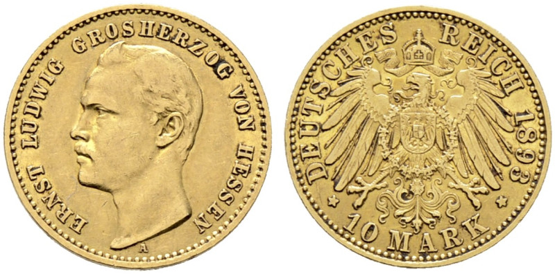 Reichsgoldmünzen. HESSEN. Ernst Ludwig 1892-1918. 

10 Mark 1893 A. J. 222. se...