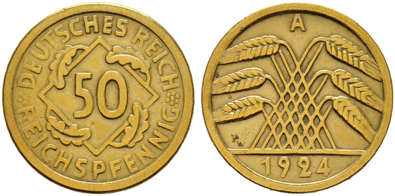 Weimarer Republik. 

50 Reichspfennig 1924 A. J. 318. selten, leicht berieben,...