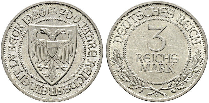 Weimarer Republik. 

3 Reichsmark 1926 A. Lübeck. J. 323. minimale Kratzer, vo...