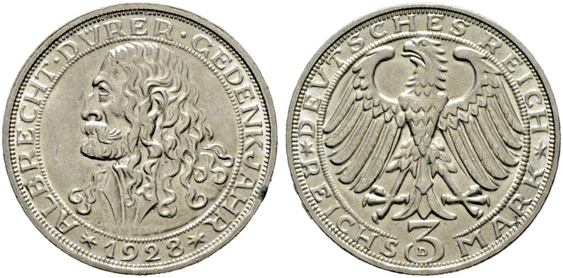 Weimarer Republik. 

3 Reichsmark 1928 D. Dürer. J. 332. minimale Auflage am R...