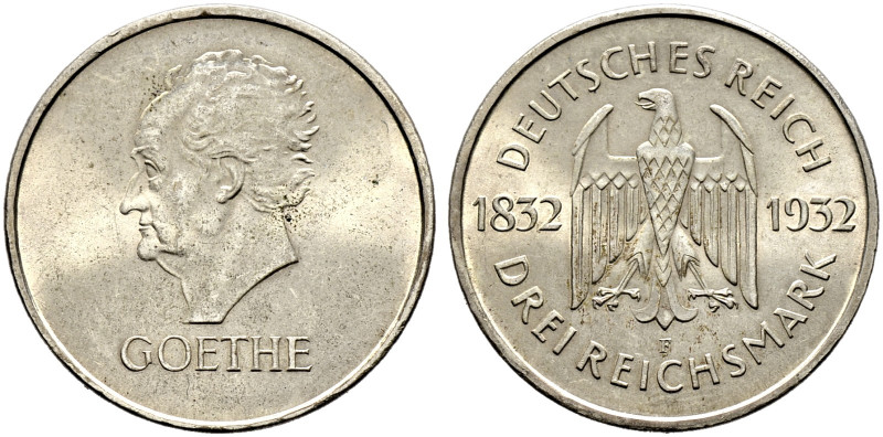 Weimarer Republik. 

3 Reichsmark 1932 F. Goethe. J. 350. vorzüglich-Stempelgl...